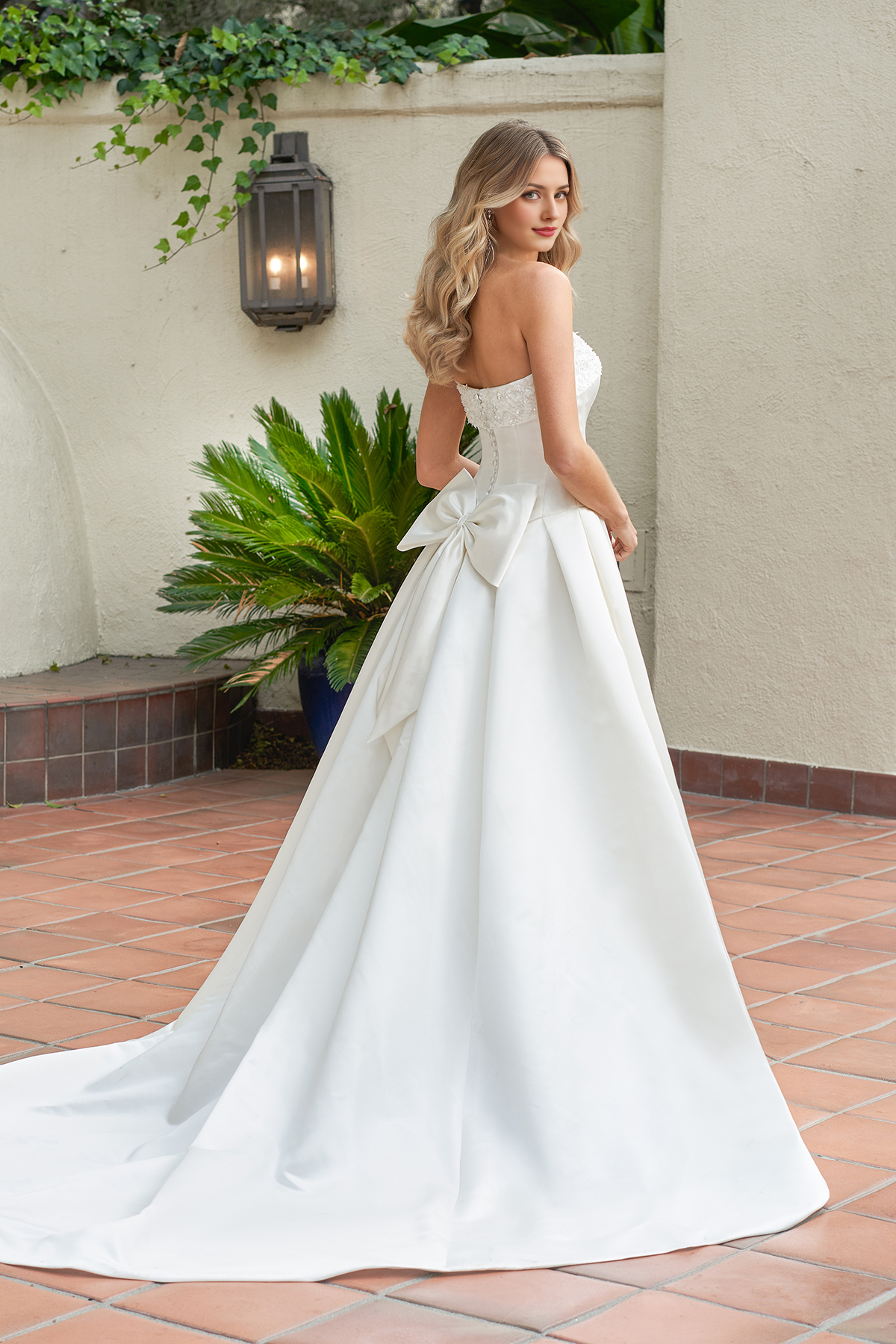 A-line off shoulder collar sleeveless bow decoration backless and floor length wedding dress